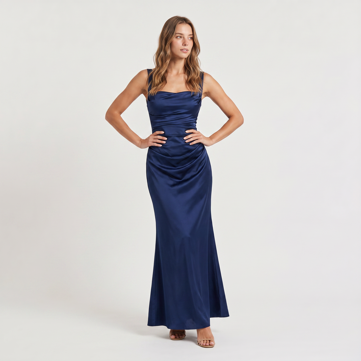 Women’s Satin Feel Ruched Waist Maxi Dress – Sculpted Fit
