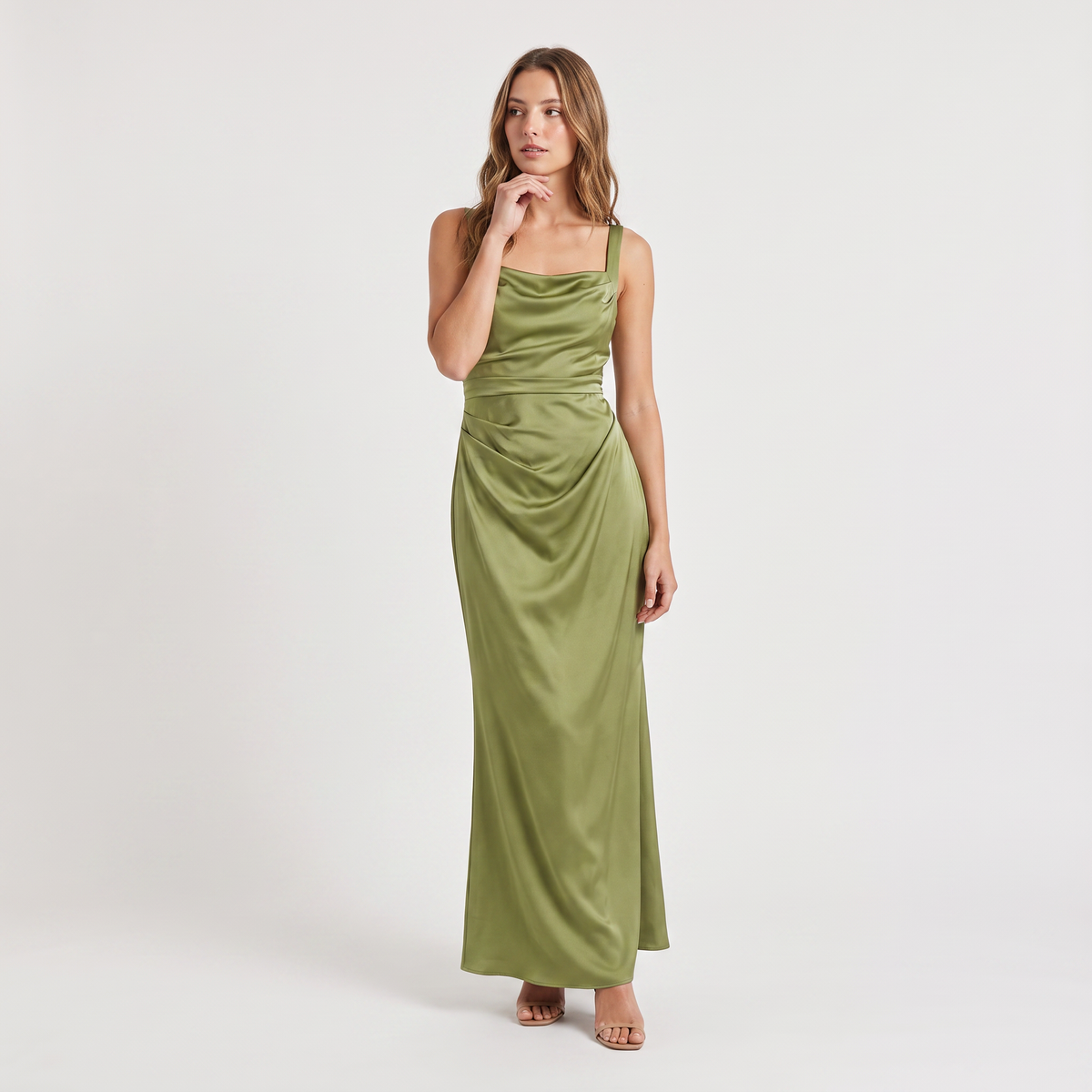 Women’s Satin Feel Ruched Waist Maxi Dress – Sculpted Fit