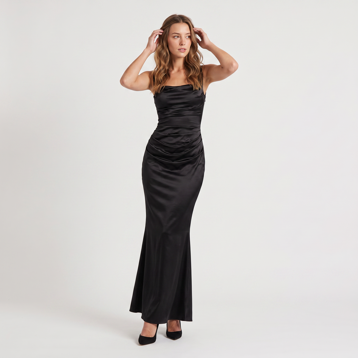 Women’s Satin Feel Ruched Waist Maxi Dress – Sculpted Fit