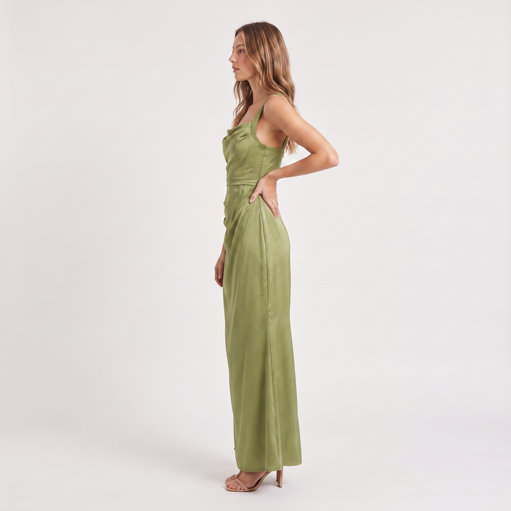 Women’s Satin Feel Ruched Waist Maxi Dress – Sculpted Fit