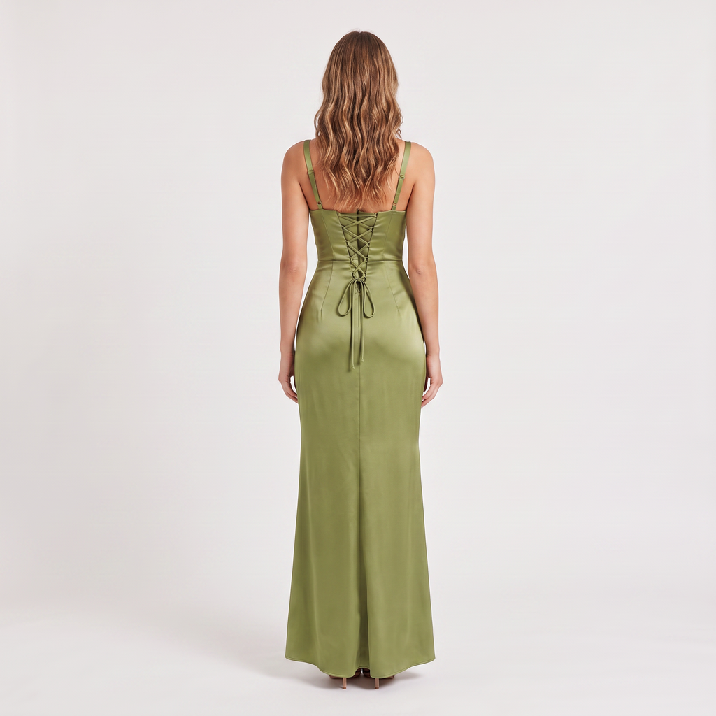 Women’s Satin Feel Ruched Waist Maxi Dress – Sculpted Fit