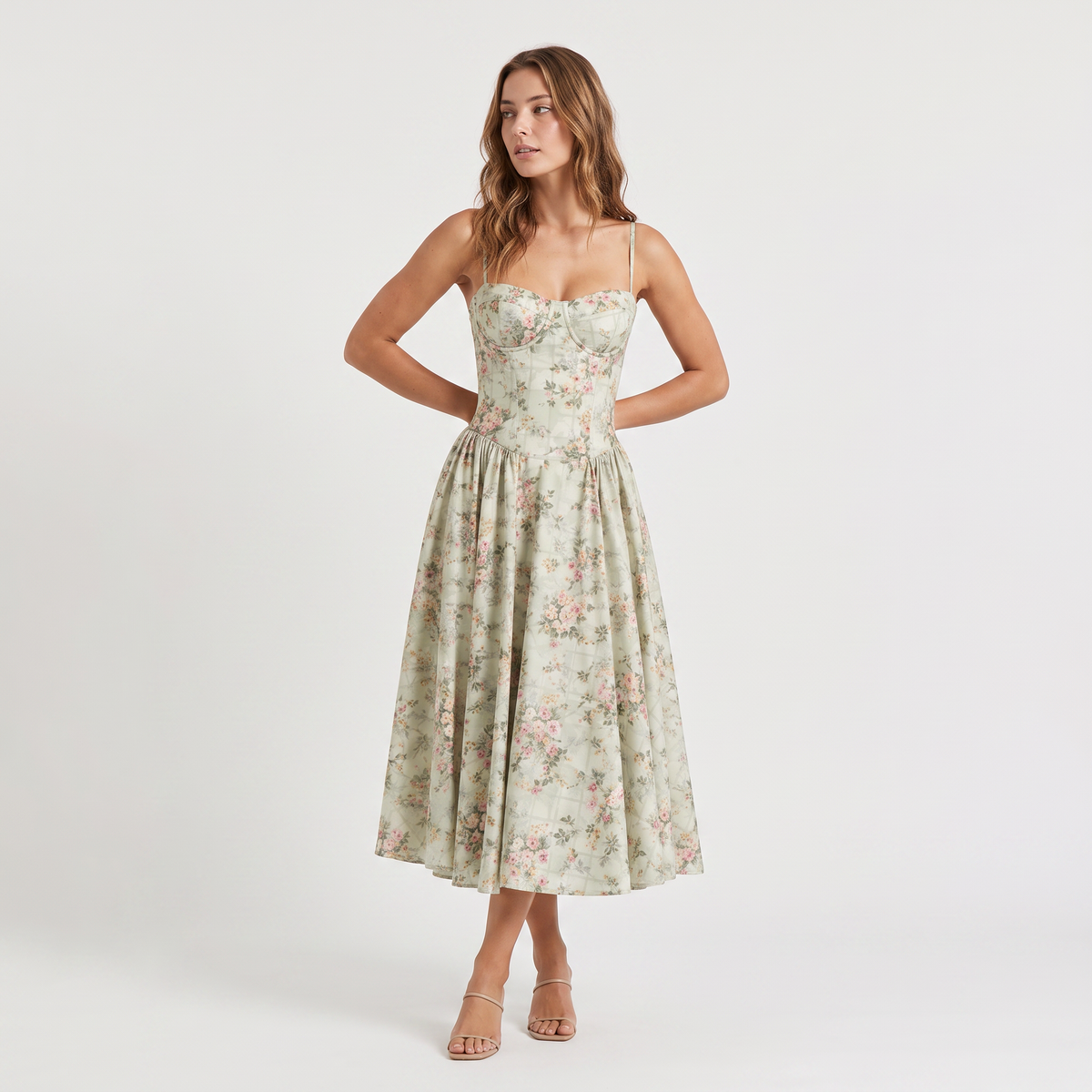 Women's Floral Wedding Guest Corset-Style Midi Dress