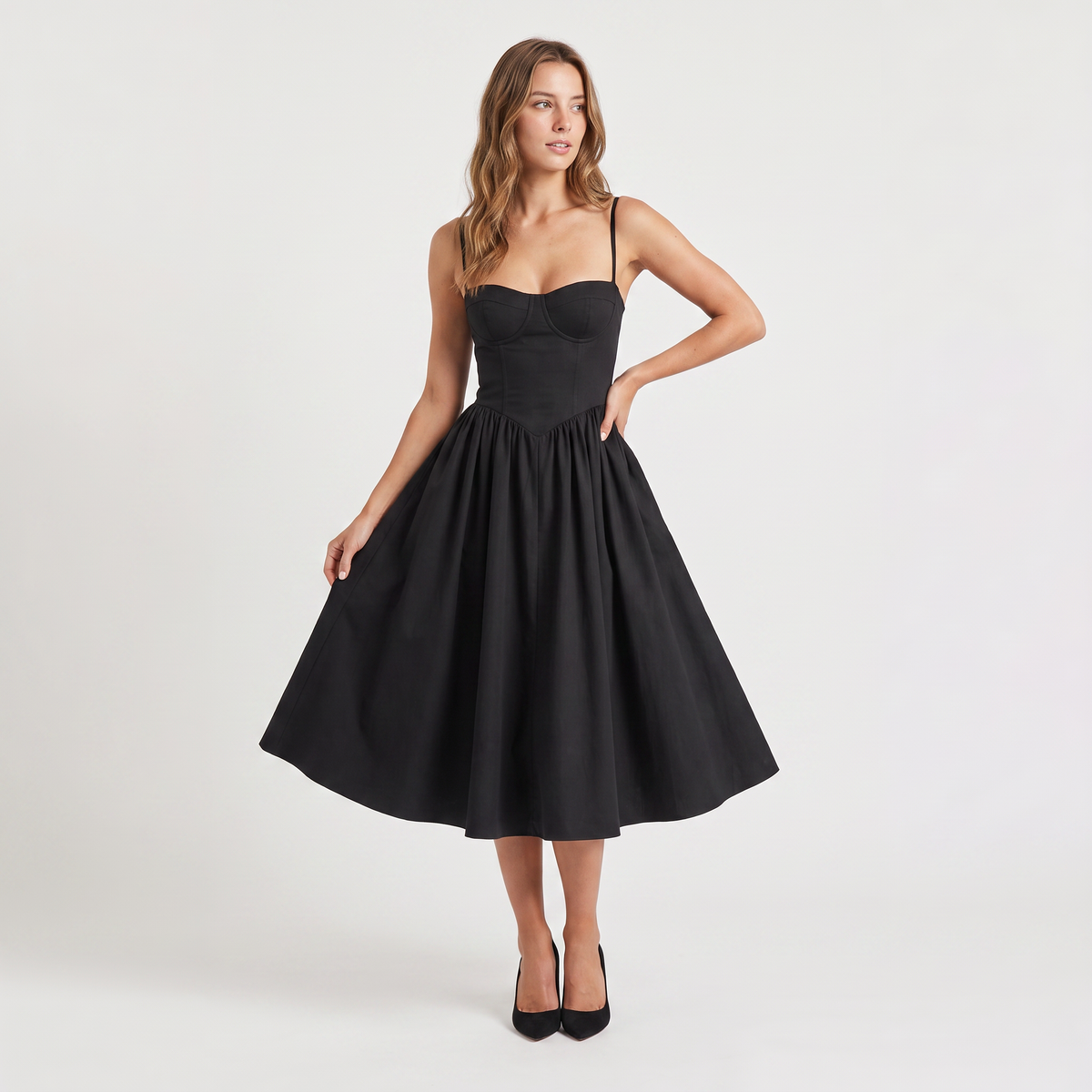Women's Floral Wedding Guest Corset-Style Midi Dress