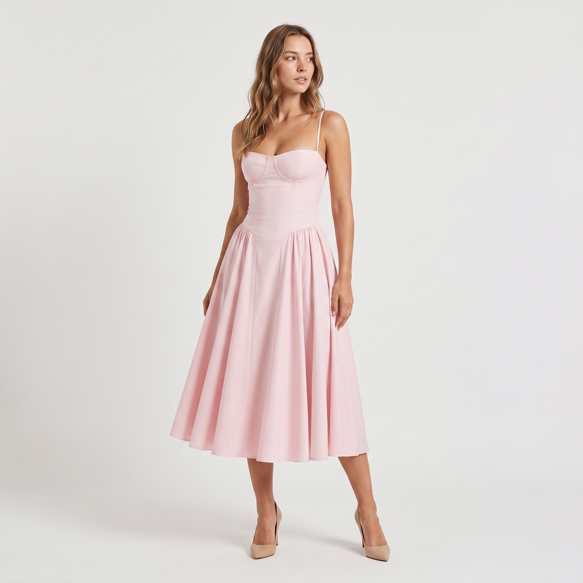 Women's Floral Wedding Guest Corset-Style Midi Dress