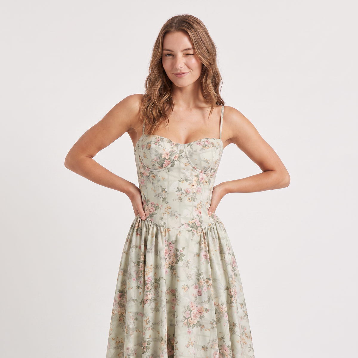 Women's Floral Wedding Guest Corset-Style Midi Dress