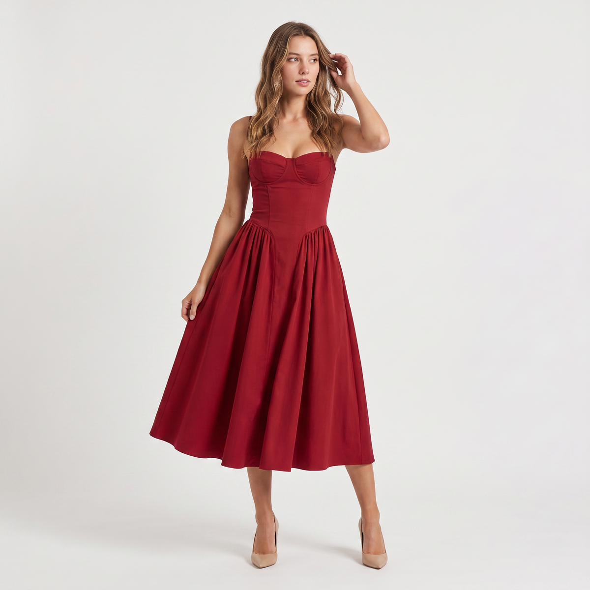 Women's Floral Wedding Guest Corset-Style Midi Dress