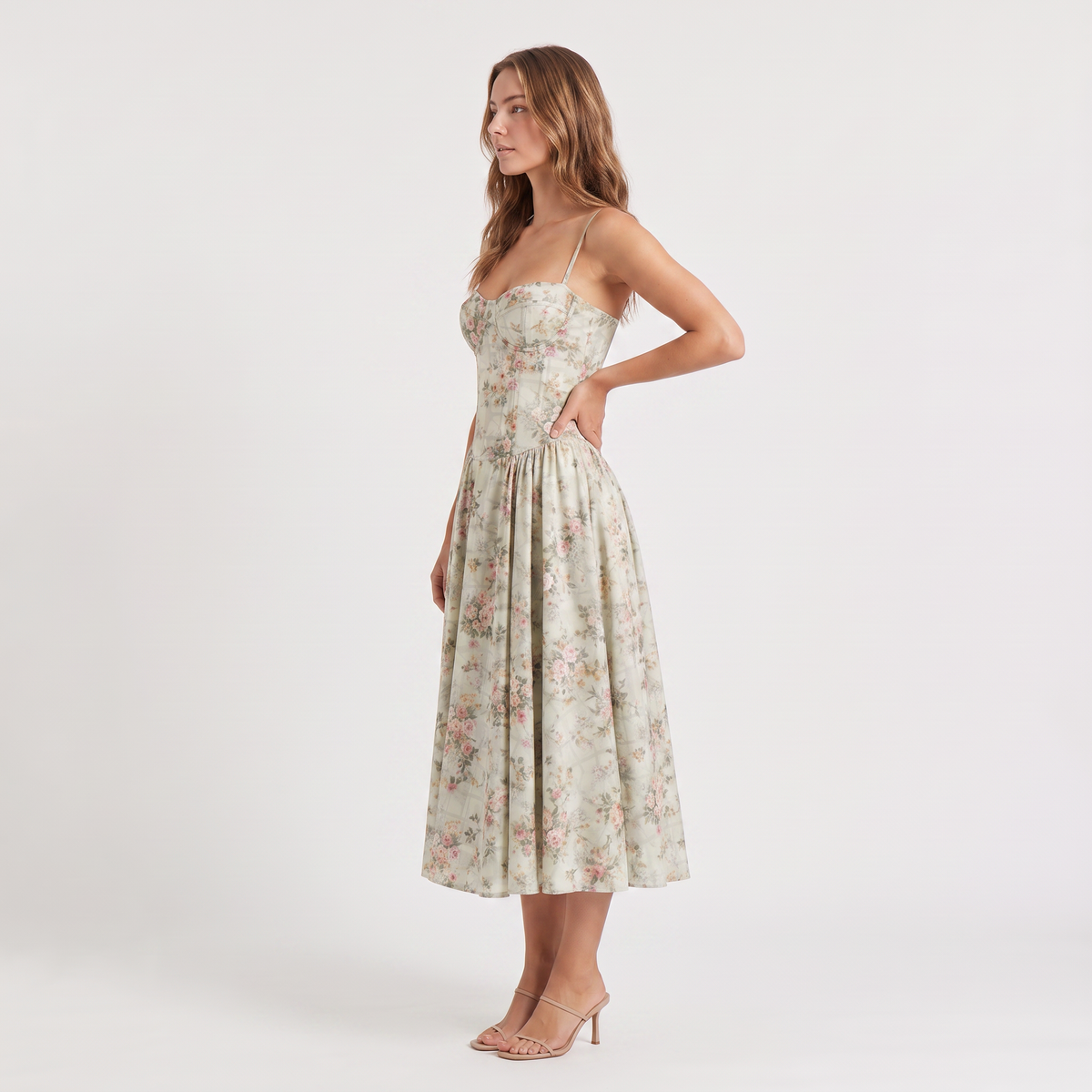Women's Floral Wedding Guest Corset-Style Midi Dress