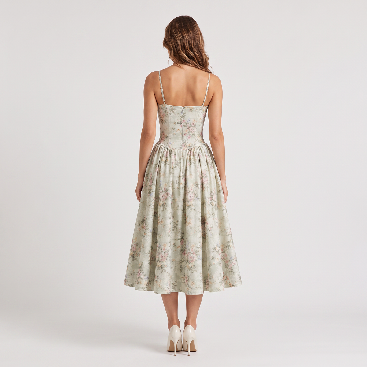 Women's Floral Wedding Guest Corset-Style Midi Dress