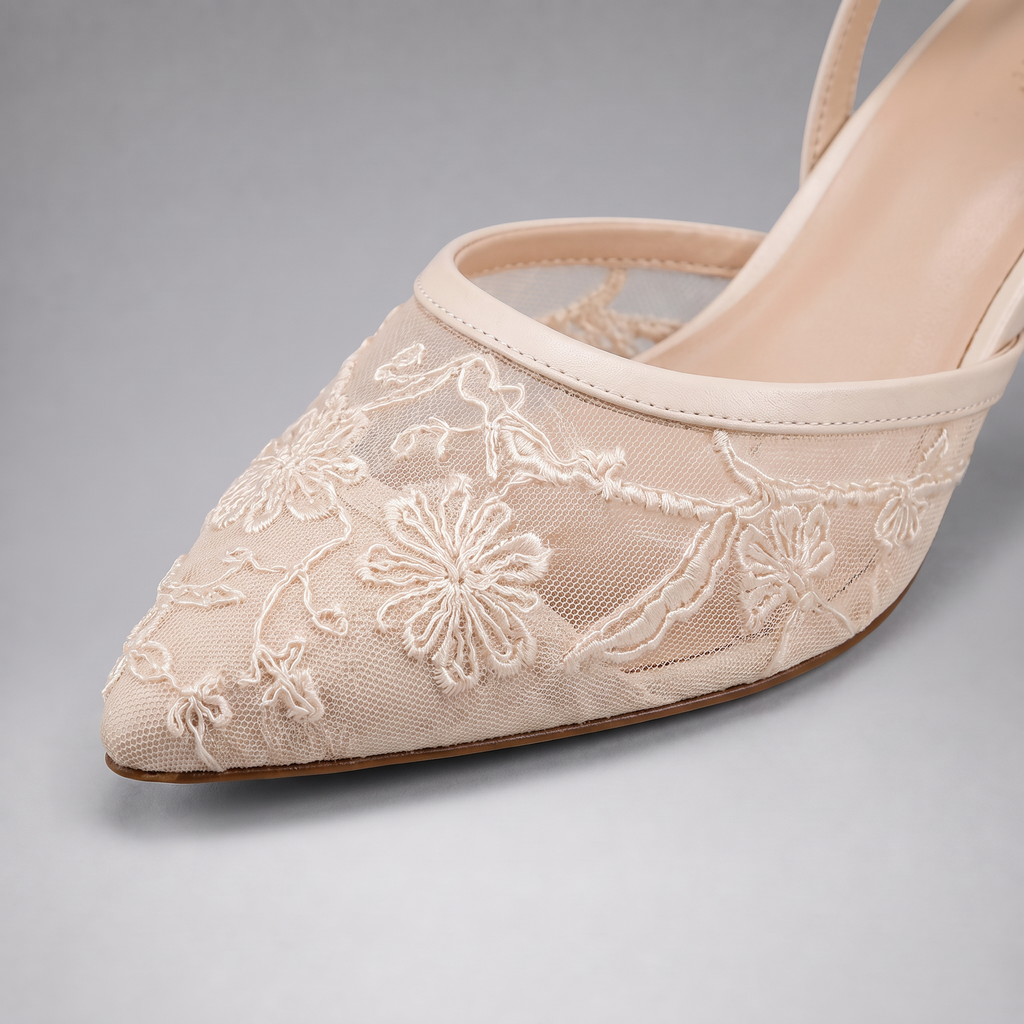 Women's Embroidered Mesh Mule Heels - Pointed Toe
