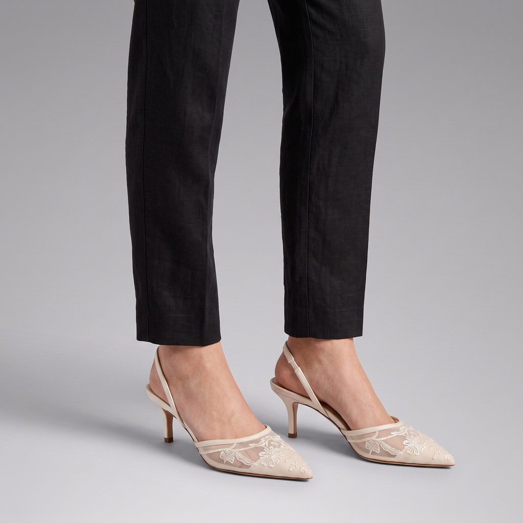 Women's Embroidered Mesh Mule Heels - Pointed Toe
