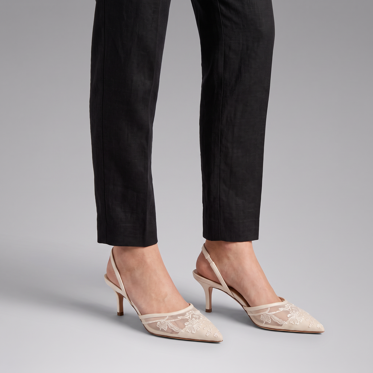 Women's Embroidered Mesh Mule Heels - Pointed Toe