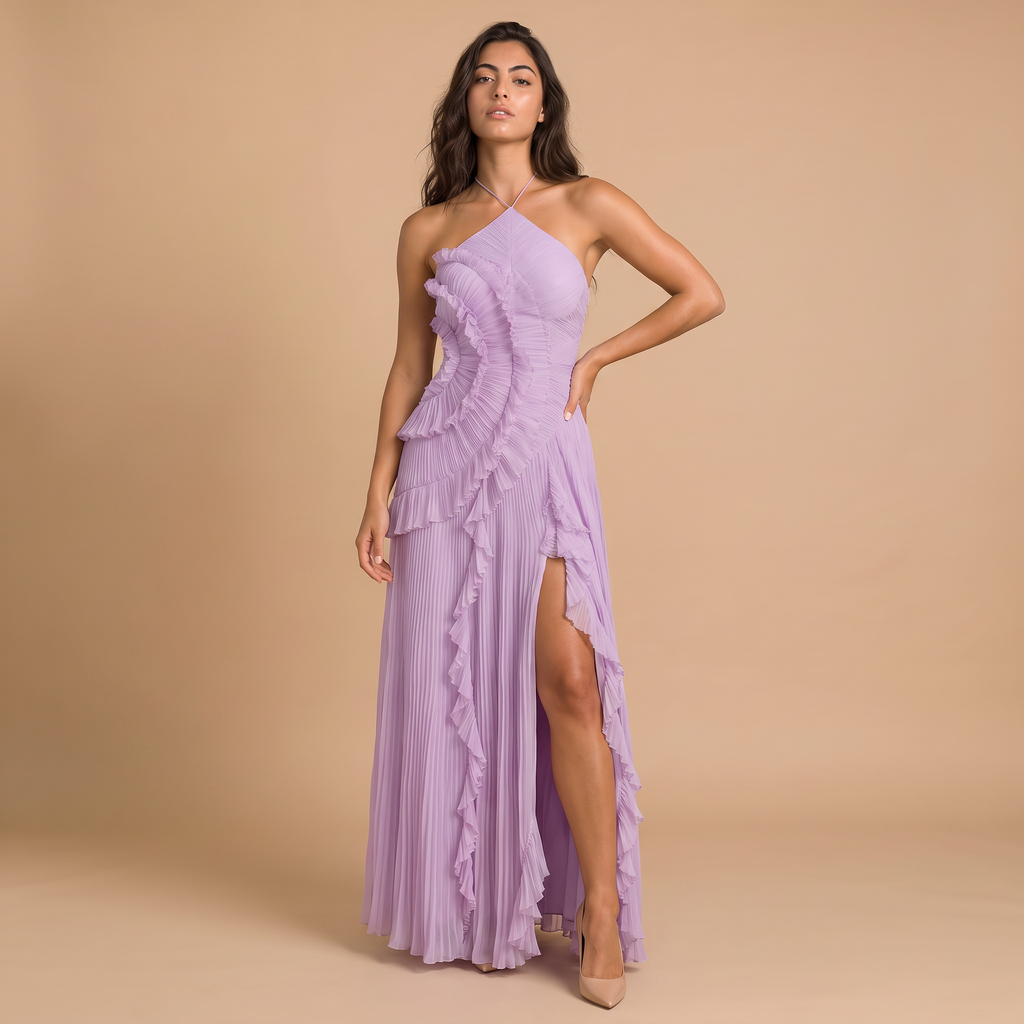 Women's Pleated Ruffle Maxi Dress