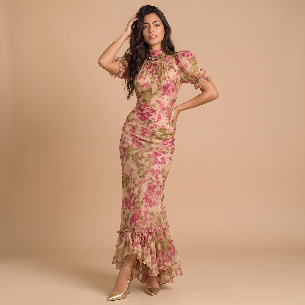 Women's Floral Chiffon Fishtail Maxi Dress