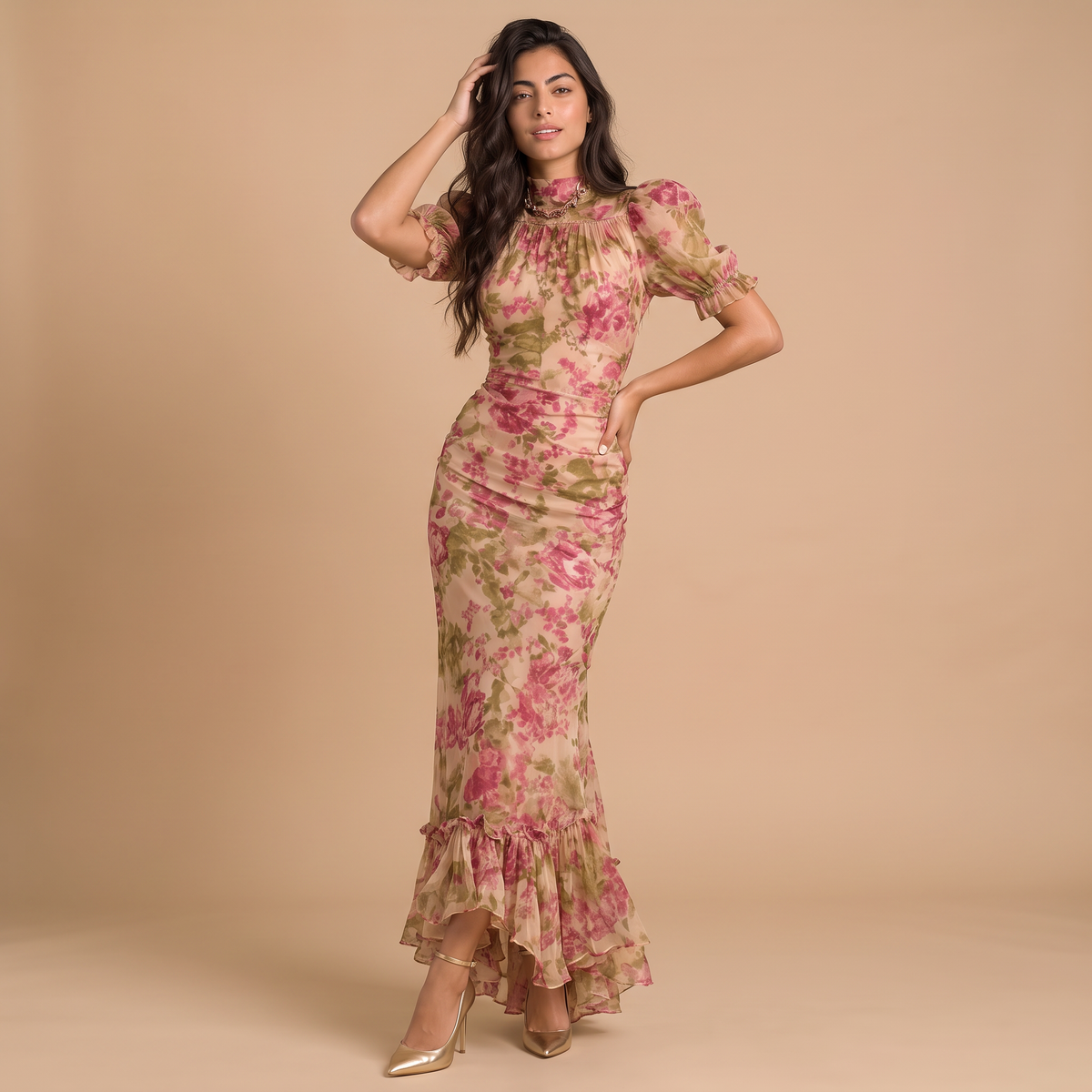 Women's Floral Chiffon Fishtail Maxi Dress