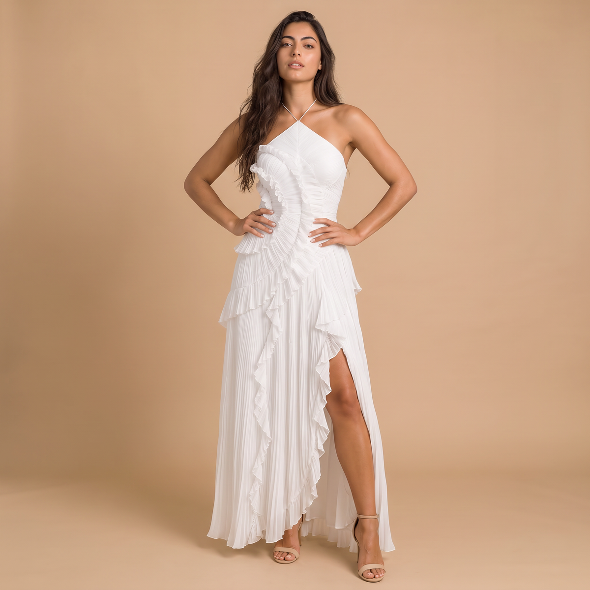 Women's Pleated Ruffle Maxi Dress