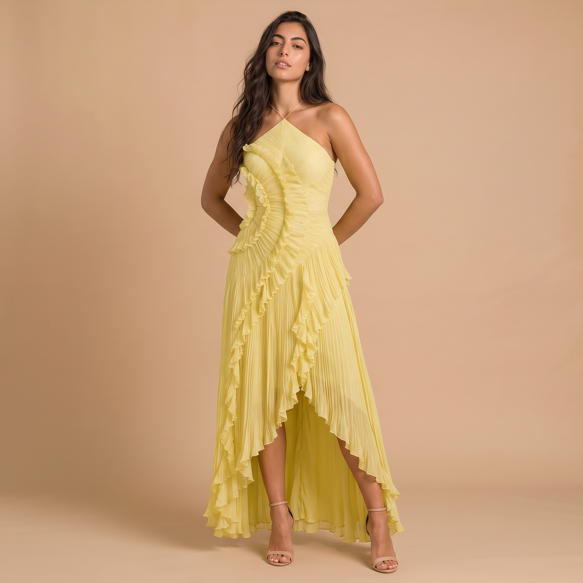 Women's Pleated Ruffle Maxi Dress