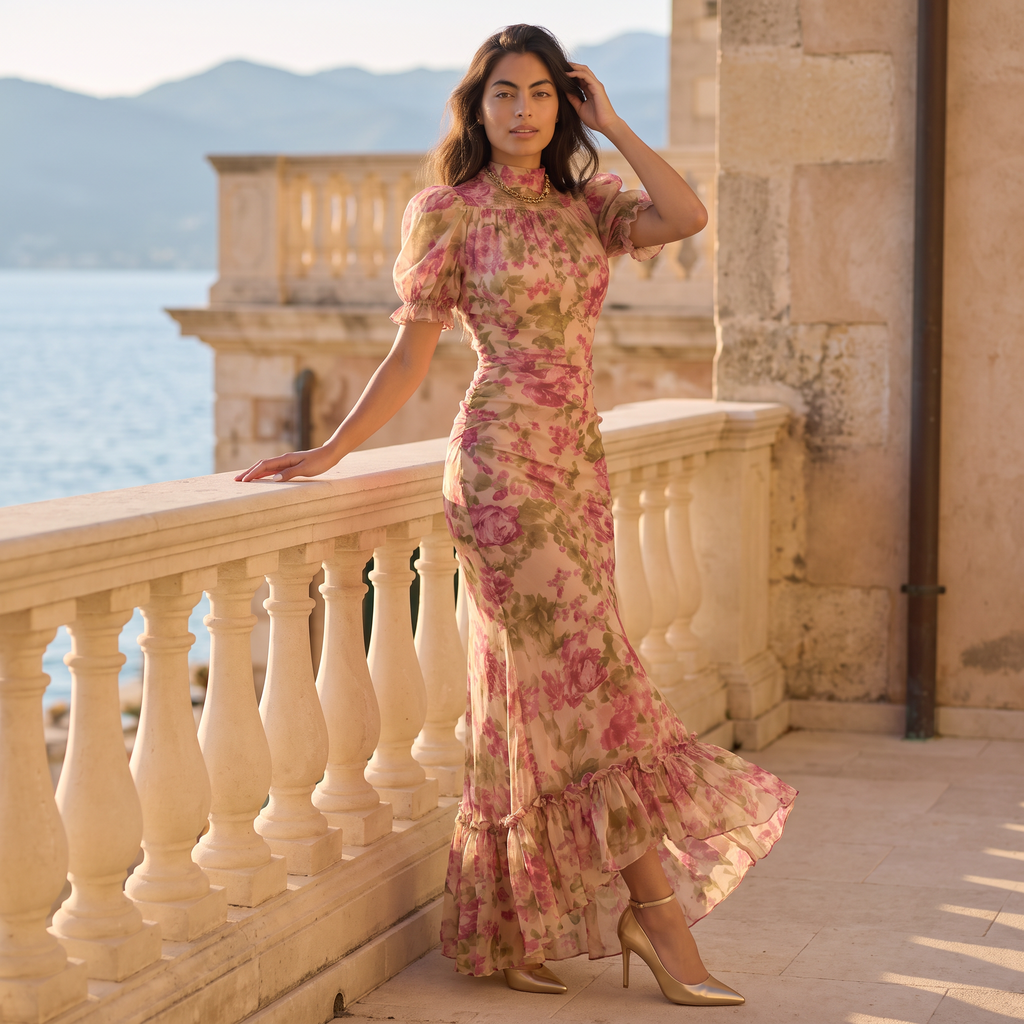 Women's Floral Chiffon Fishtail Maxi Dress