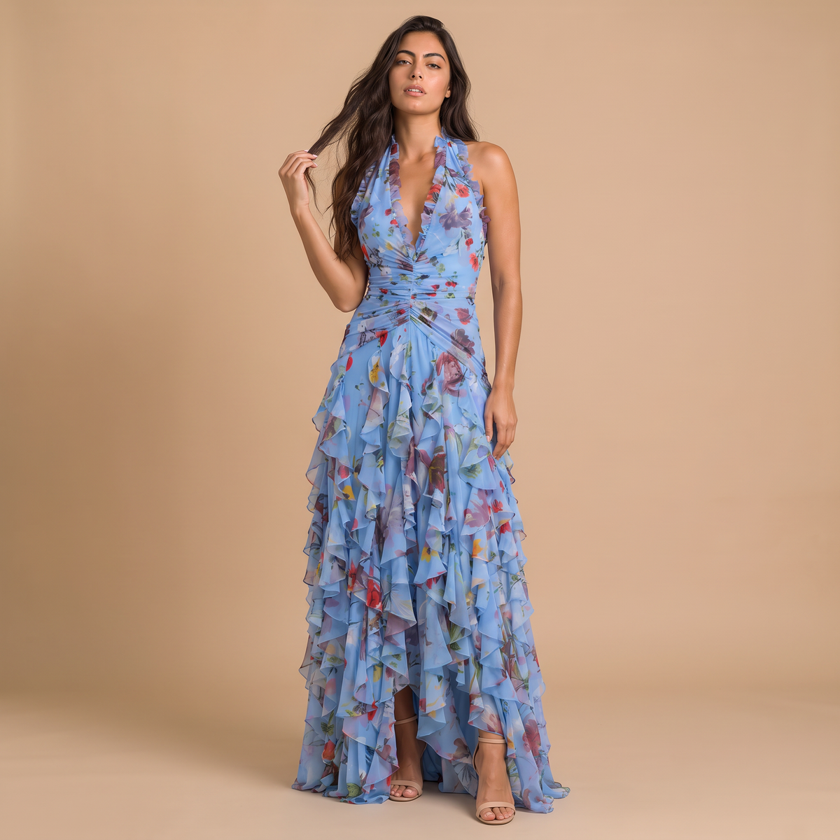 Women's Floral Halter Tiered Maxi Dress
