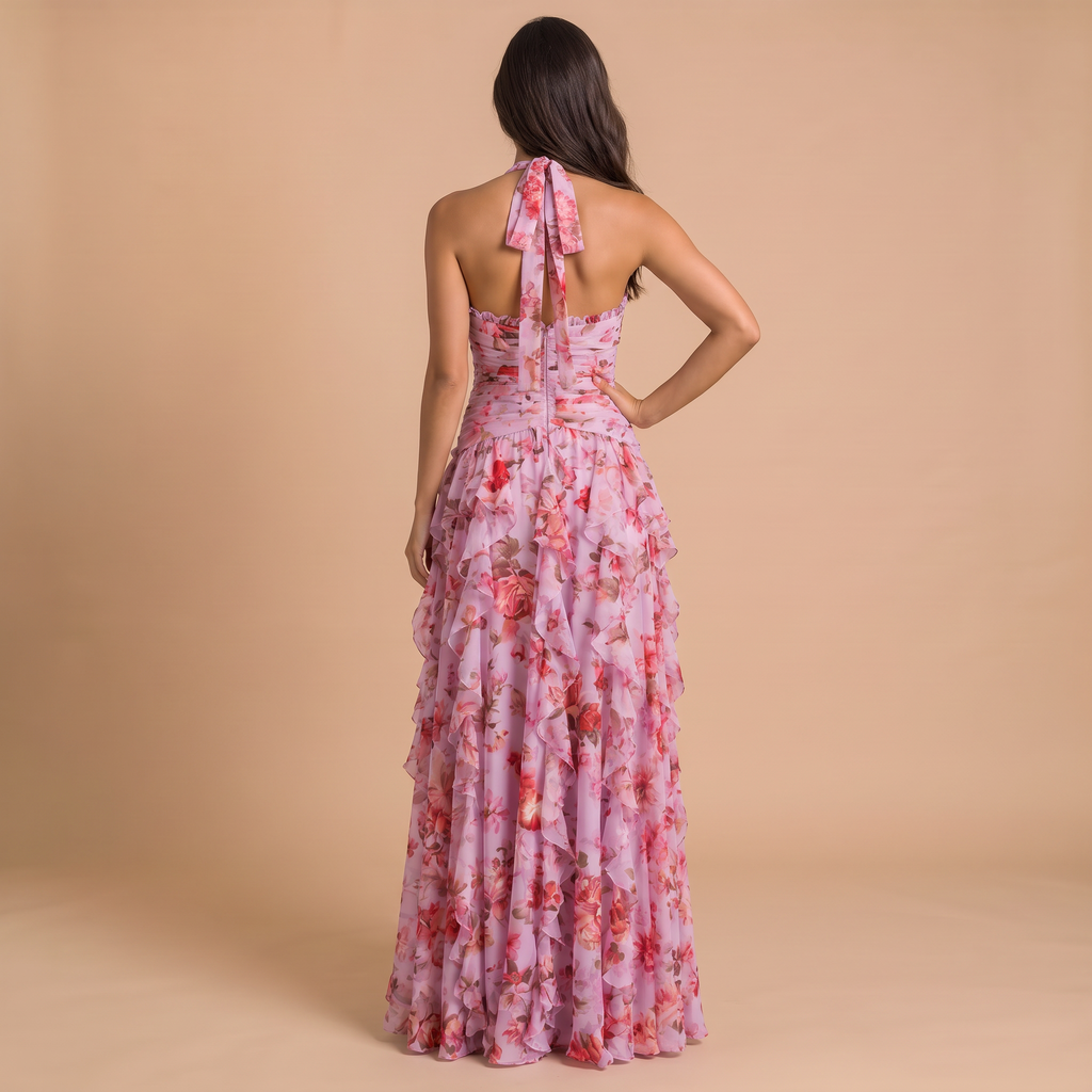 Women's Floral Halter Tiered Maxi Dress
