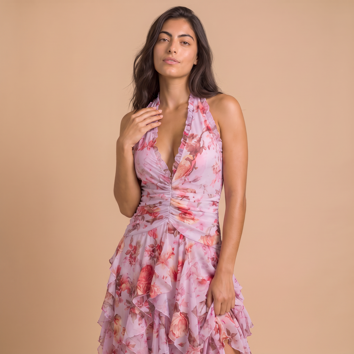 Women's Floral Halter Tiered Maxi Dress