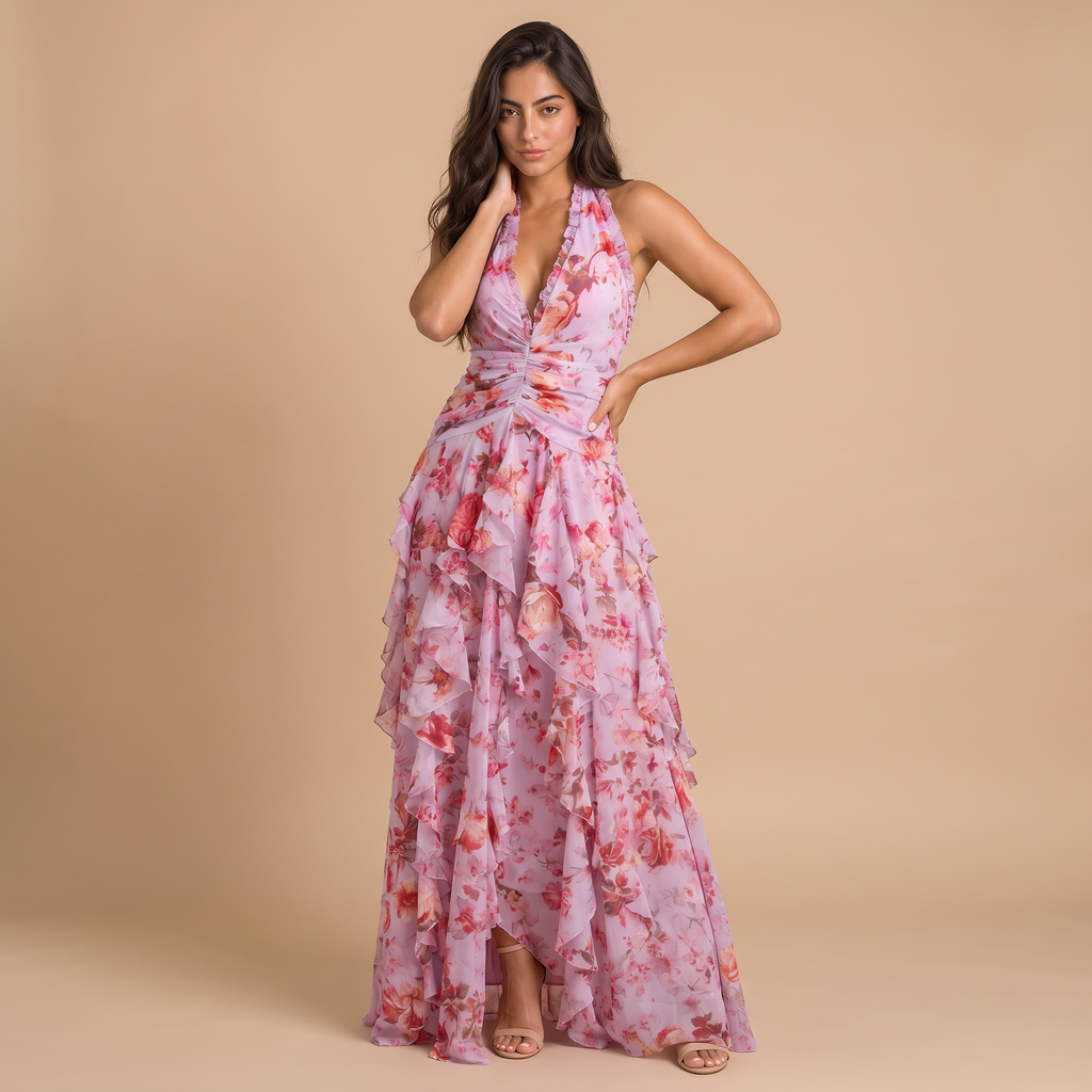 Women's Floral Halter Tiered Maxi Dress