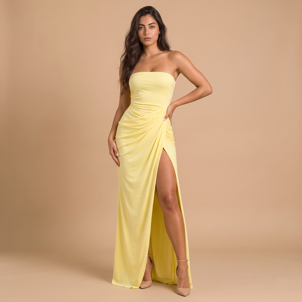 Women's Strapless Ruched Maxi Wedding Guest Dress