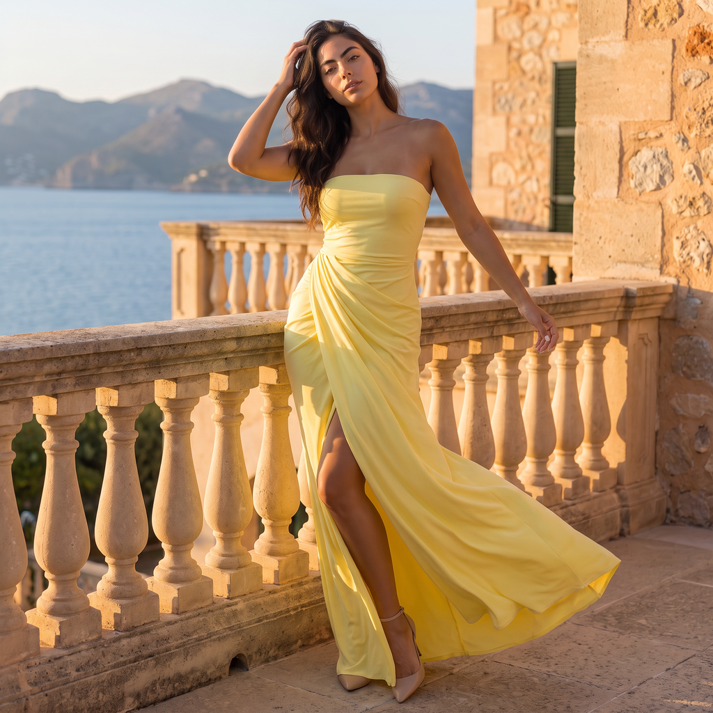 Women's Strapless Ruched Maxi Wedding Guest Dress