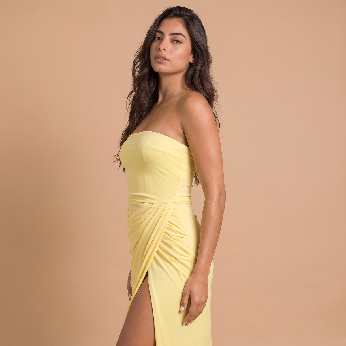 Women's Strapless Ruched Maxi Wedding Guest Dress