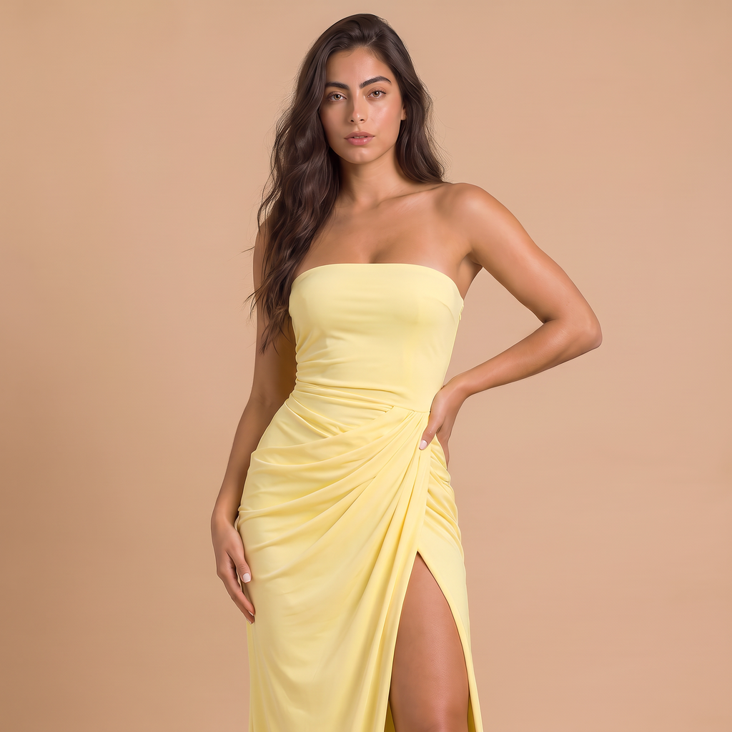 Women's Strapless Ruched Maxi Wedding Guest Dress