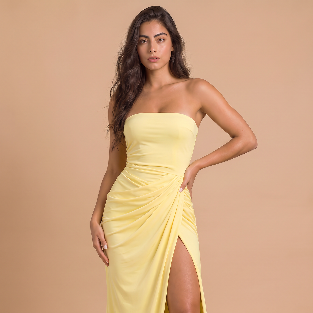 Women's Strapless Ruched Maxi Wedding Guest Dress