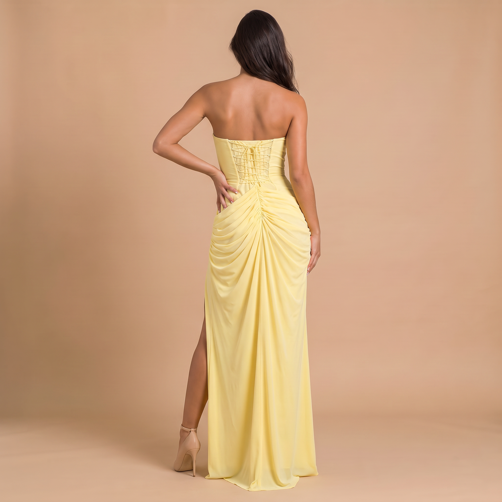 Women's Strapless Ruched Maxi Wedding Guest Dress