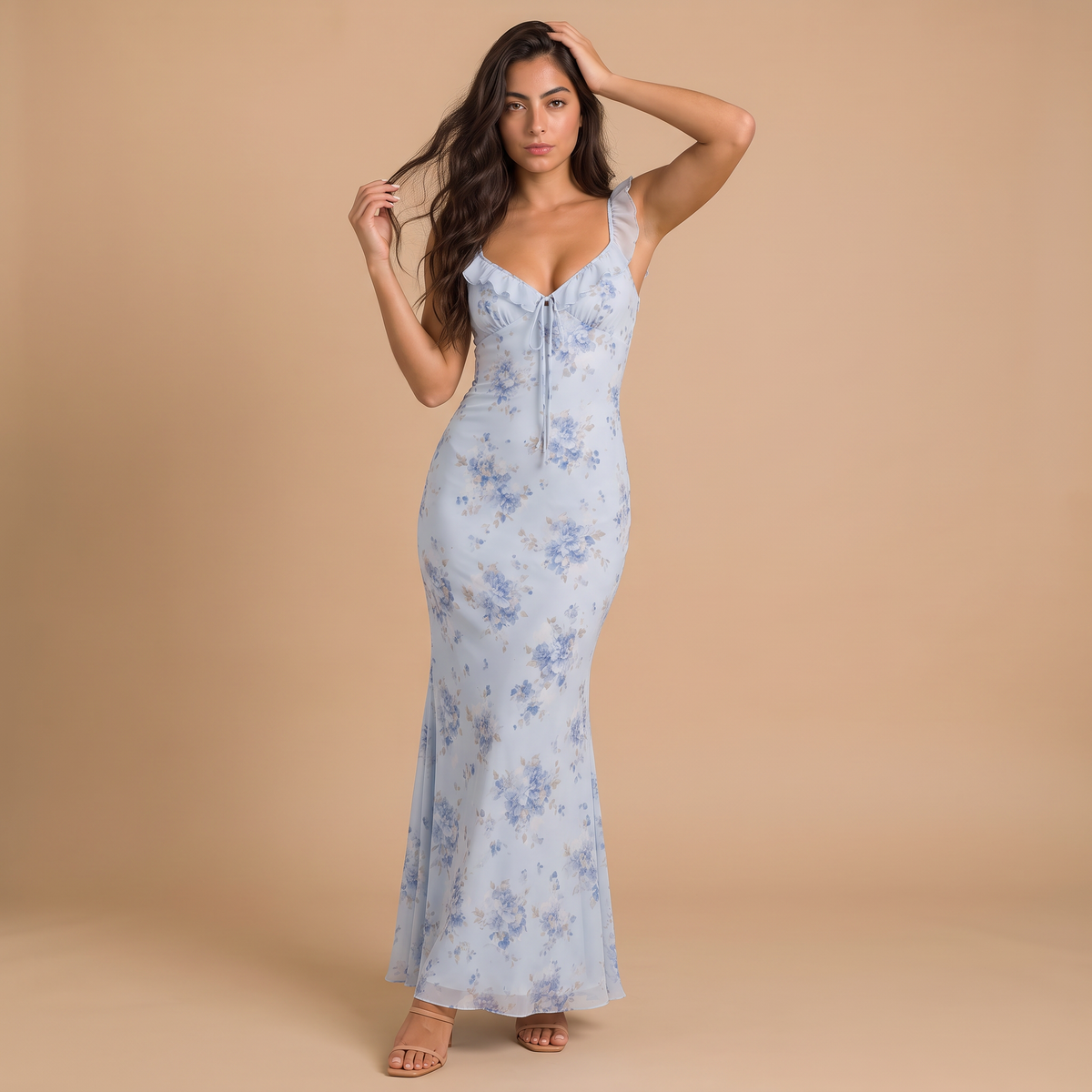 Women's Floral Ruffle Strap Maxi Dress