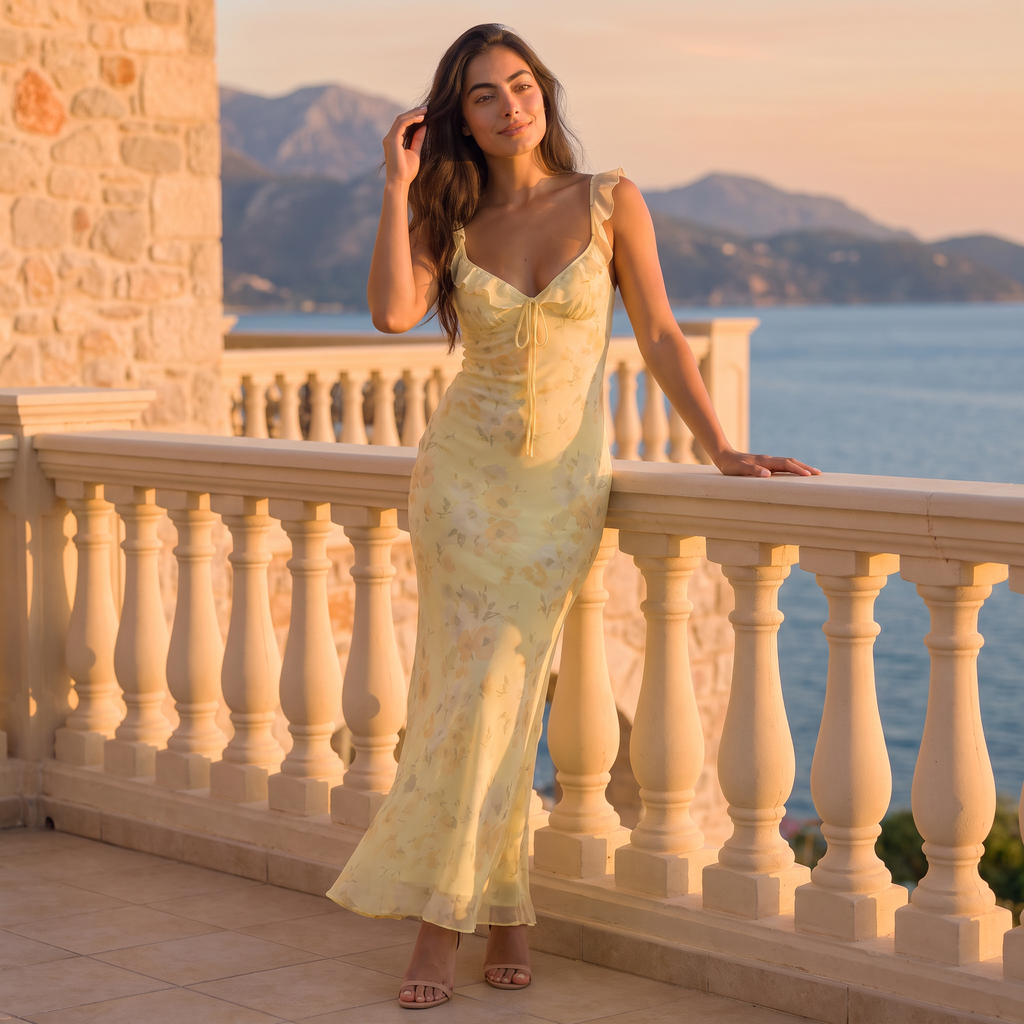 Women's Floral Ruffle Strap Maxi Dress