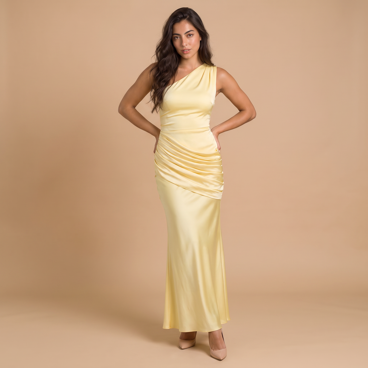 Women's One-Shoulder Ruched Satin-Look Maxi Dress