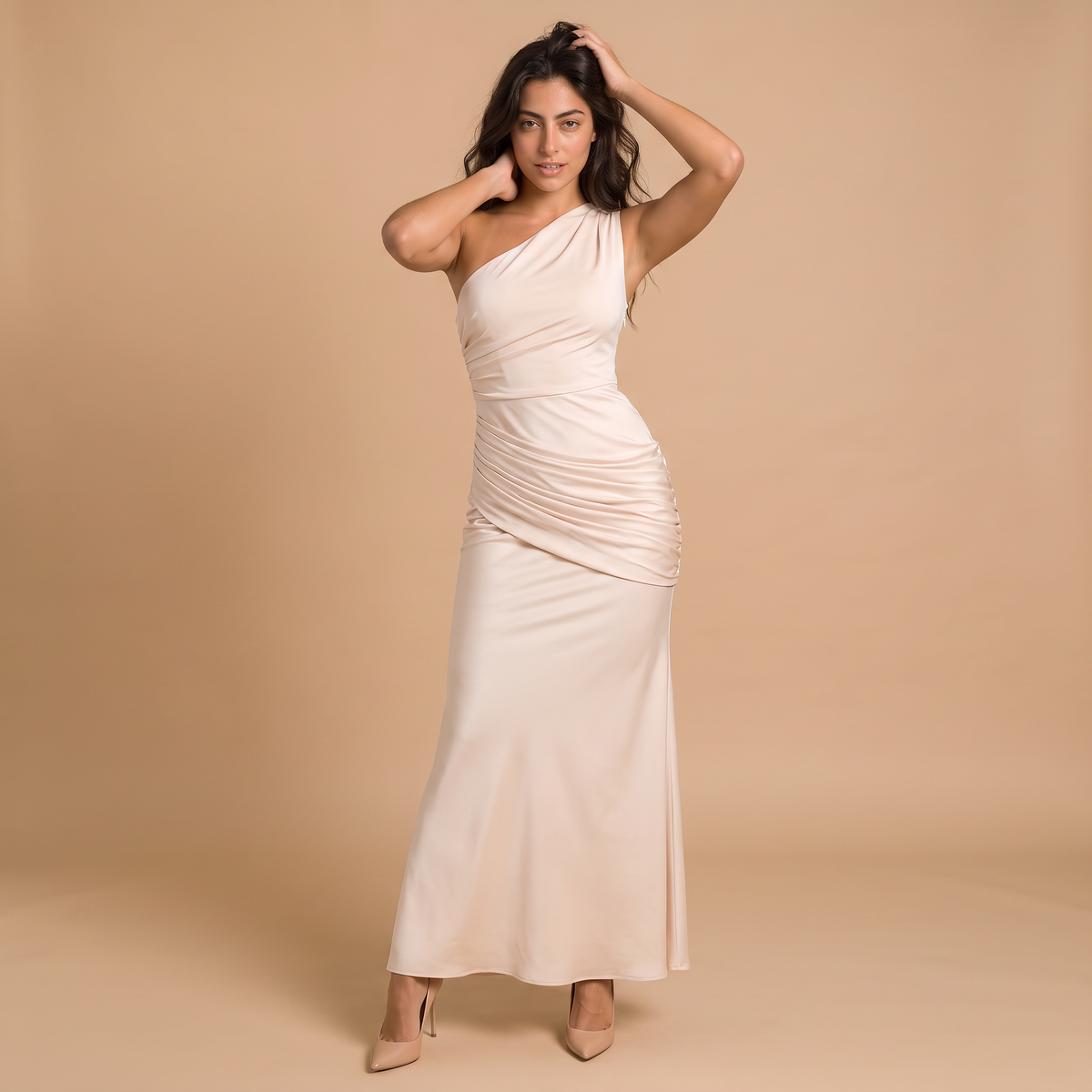 Women's One-Shoulder Ruched Satin-Look Maxi Dress