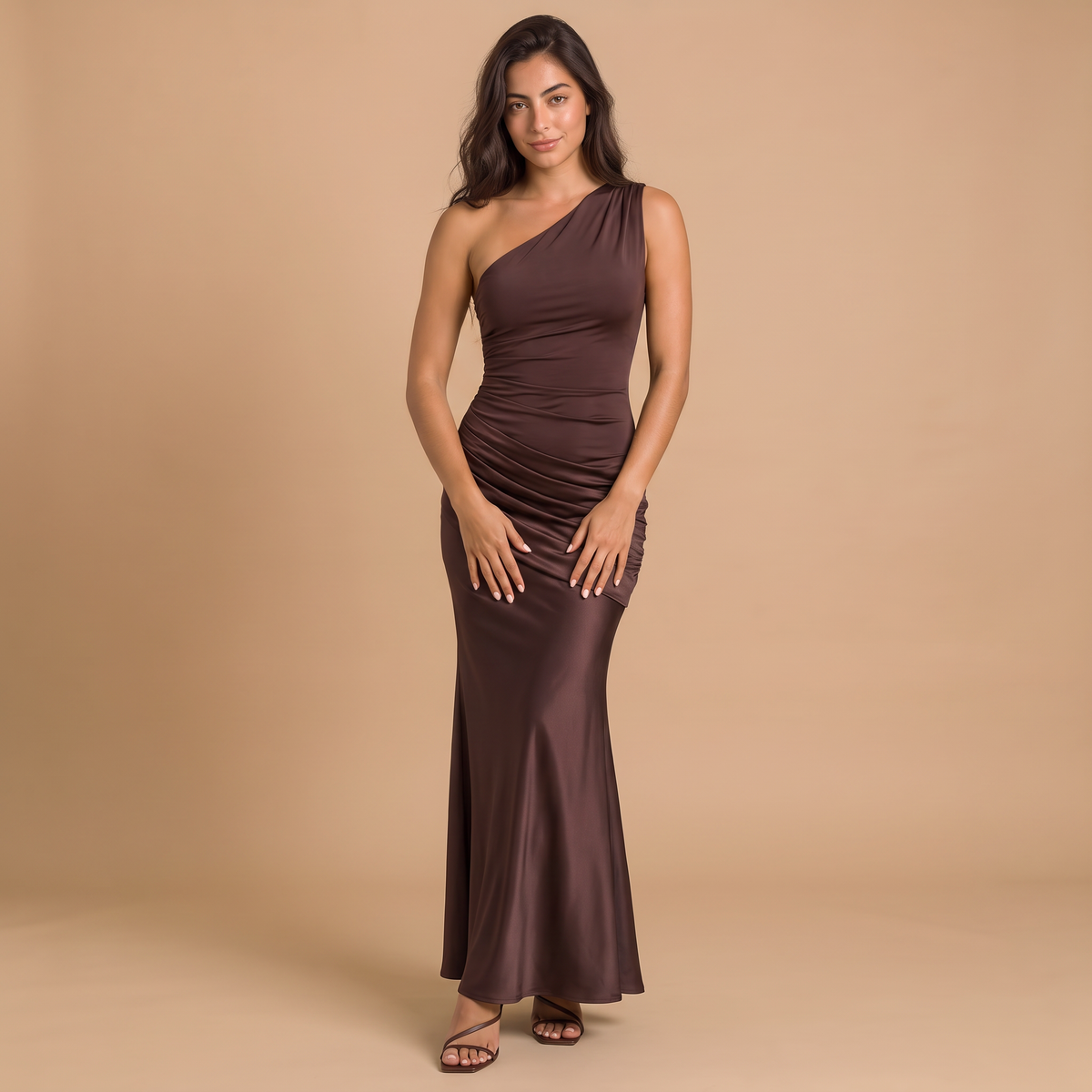 Women's One-Shoulder Ruched Satin-Look Maxi Dress