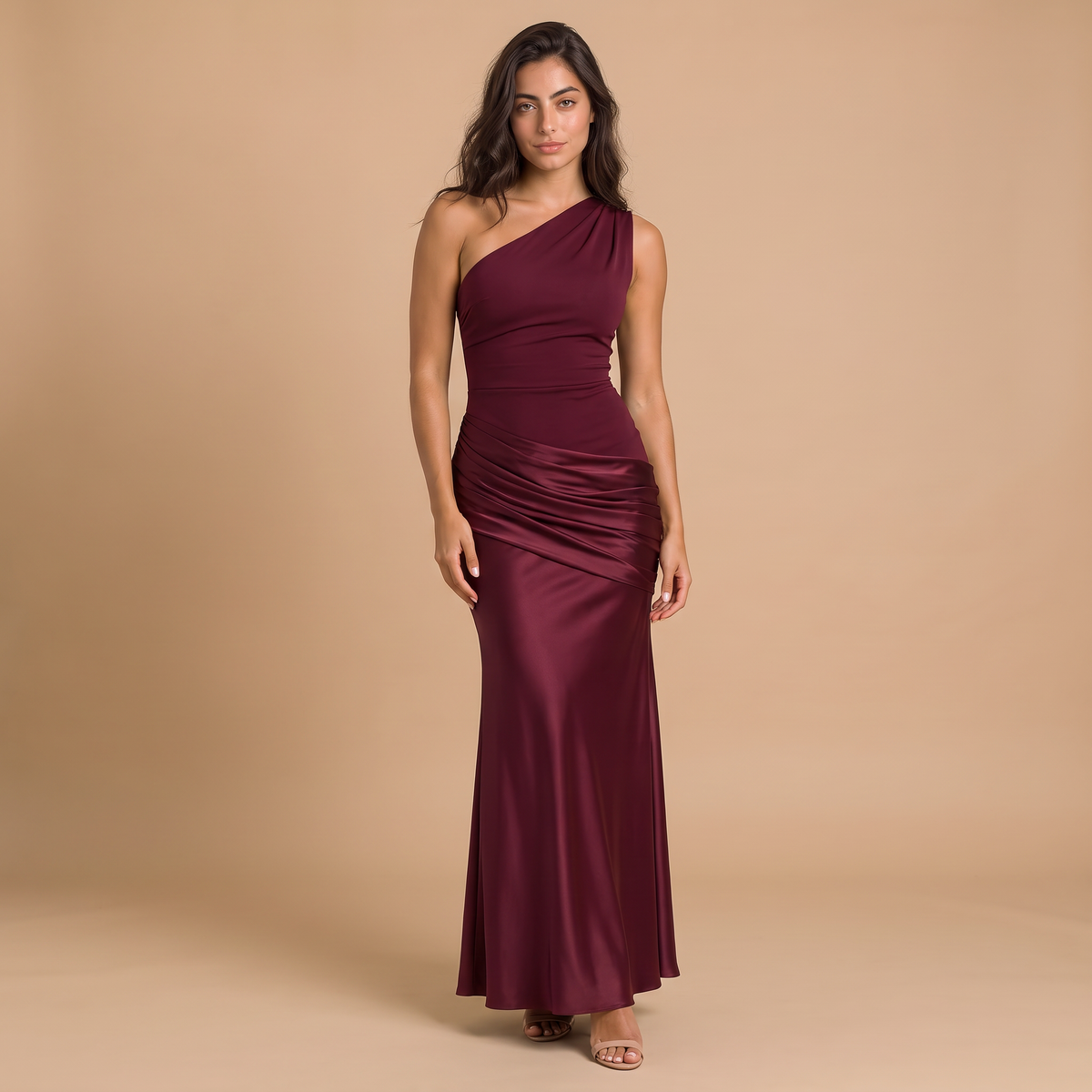 Women's One-Shoulder Ruched Satin-Look Maxi Dress