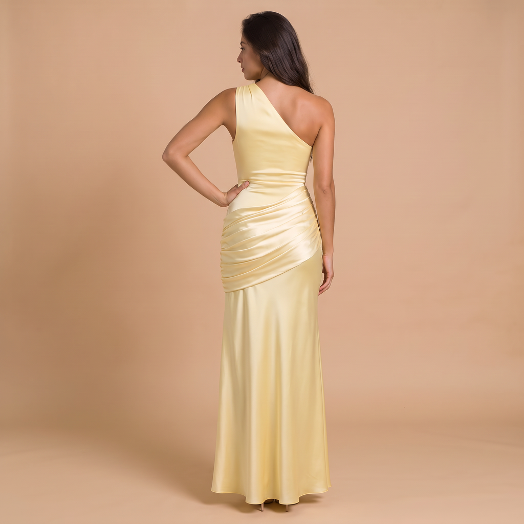 Women's One-Shoulder Ruched Satin-Look Maxi Dress
