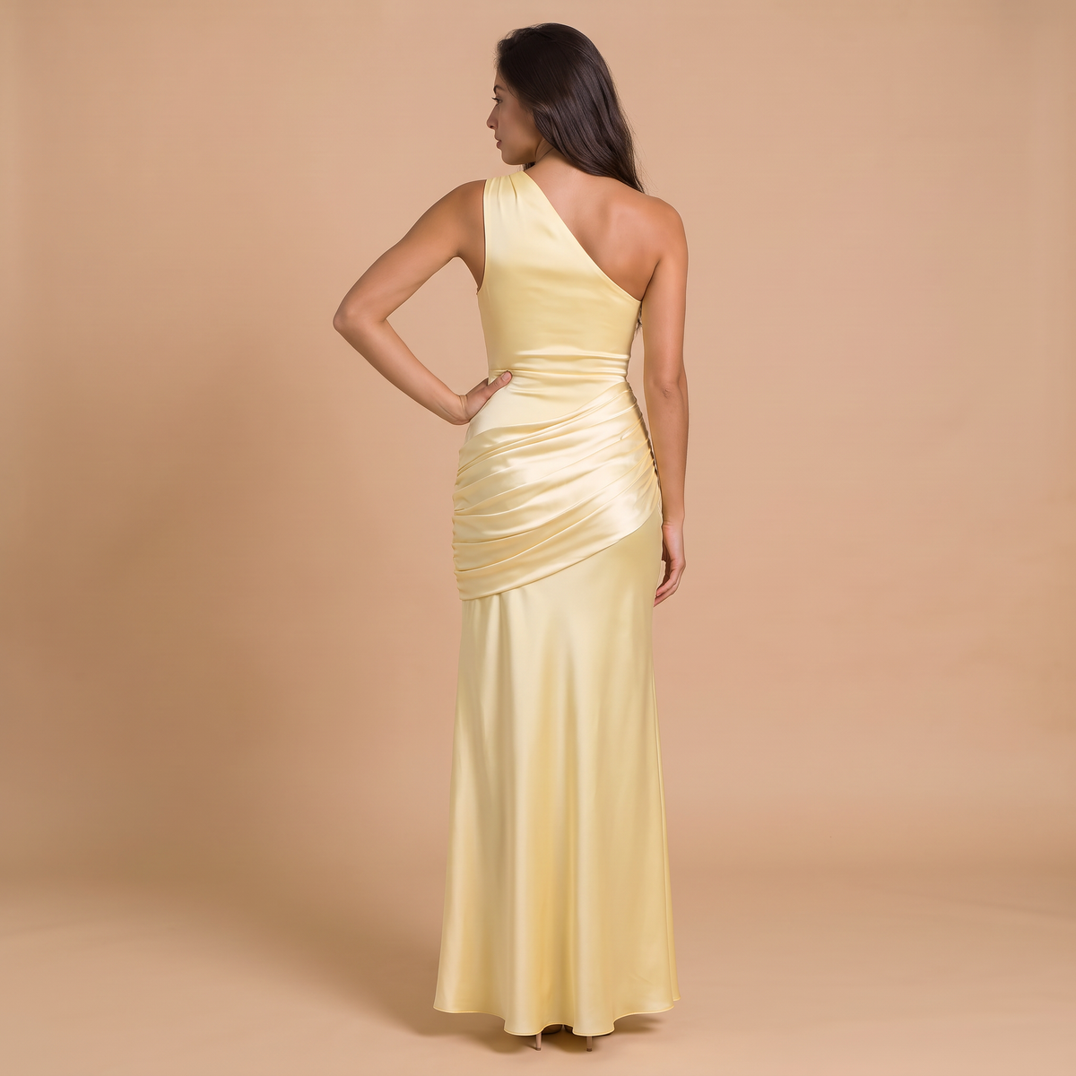 Women's One-Shoulder Ruched Satin-Look Maxi Dress