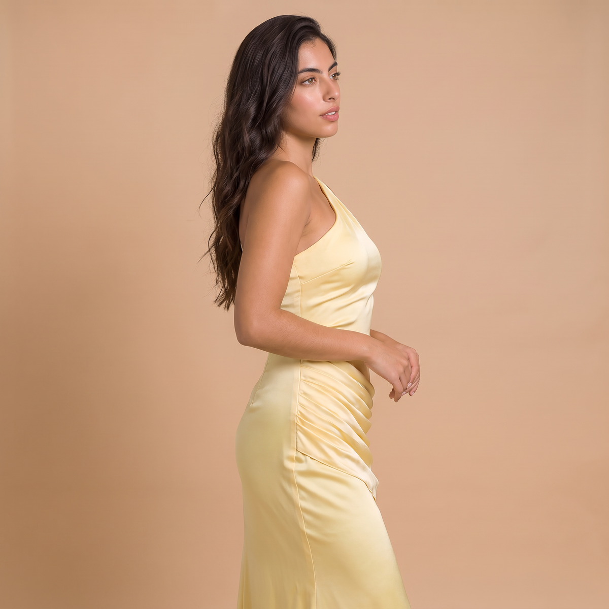Women's One-Shoulder Ruched Satin-Look Maxi Dress