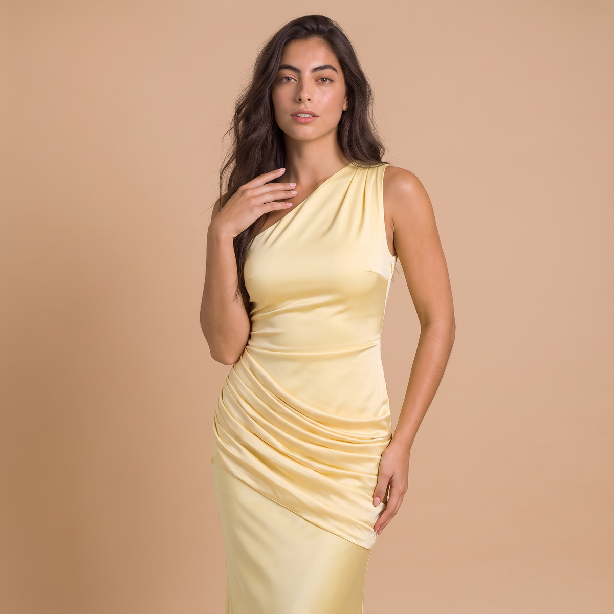 Women's One-Shoulder Ruched Satin-Look Maxi Dress
