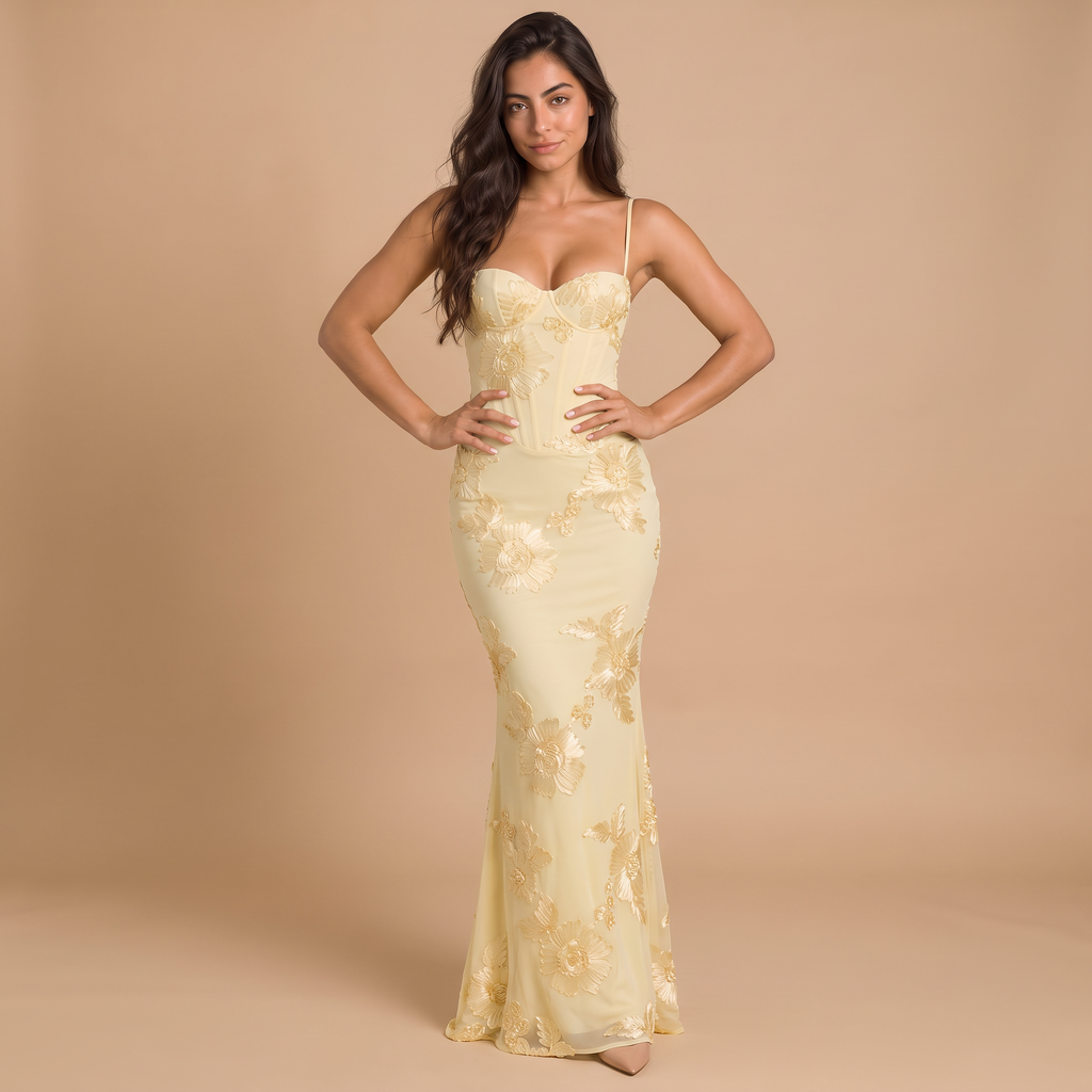 Women's Embroidered Floral Lace-Up Maxi Dress
