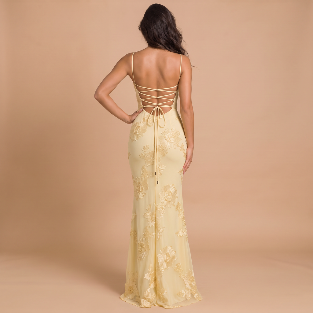 Women's Embroidered Floral Lace-Up Maxi Dress