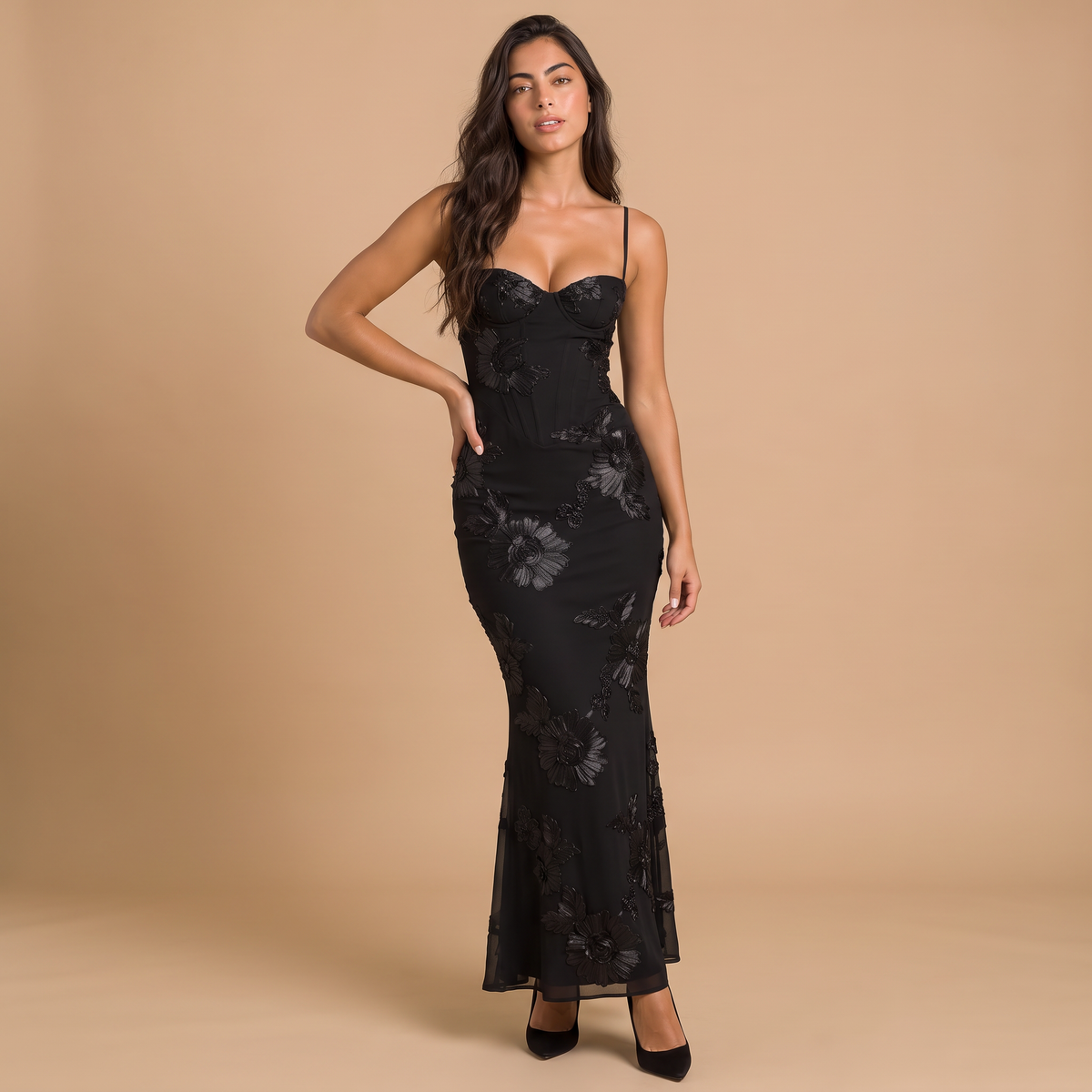 Women's Embroidered Floral Lace-Up Maxi Dress
