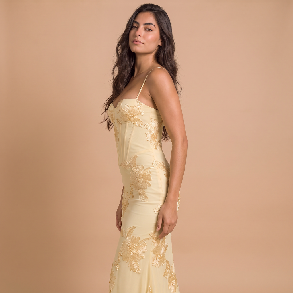 Women's Embroidered Floral Lace-Up Maxi Dress