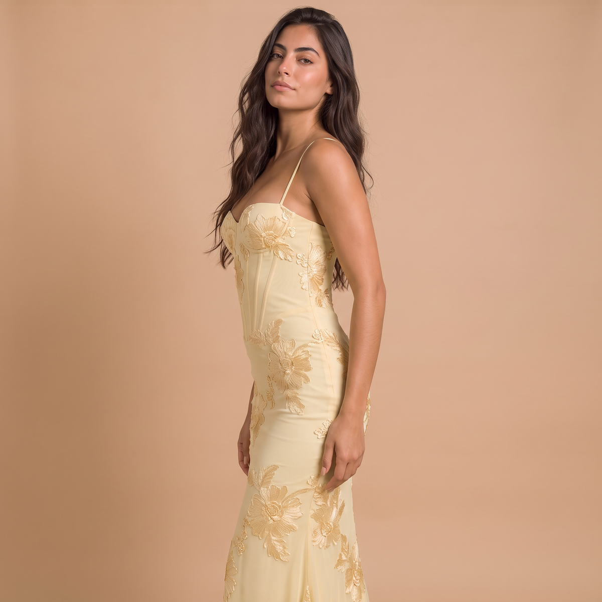 Women's Embroidered Floral Lace-Up Maxi Dress