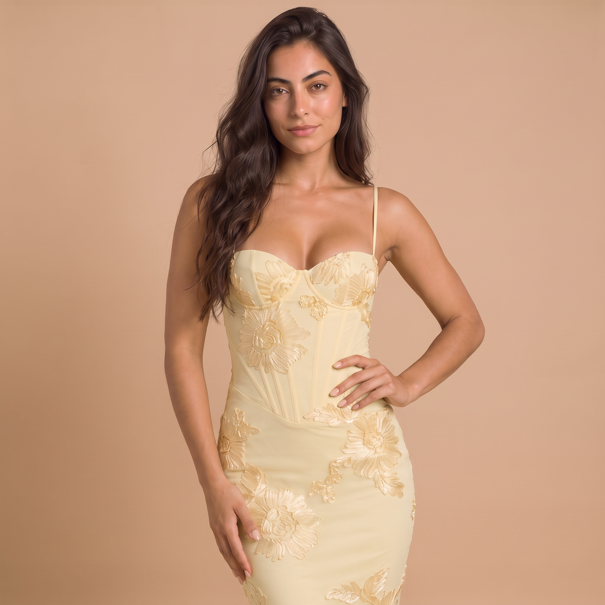 Women's Embroidered Floral Lace-Up Maxi Dress