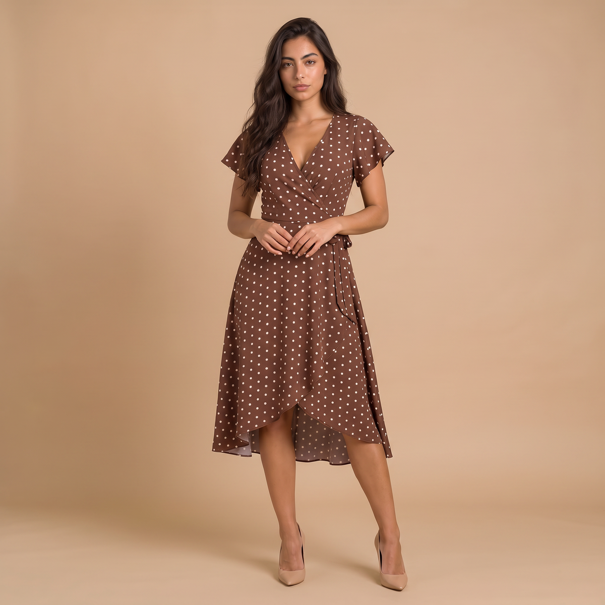 Women's Polka Dot Wrap V-Neck Midi Dress