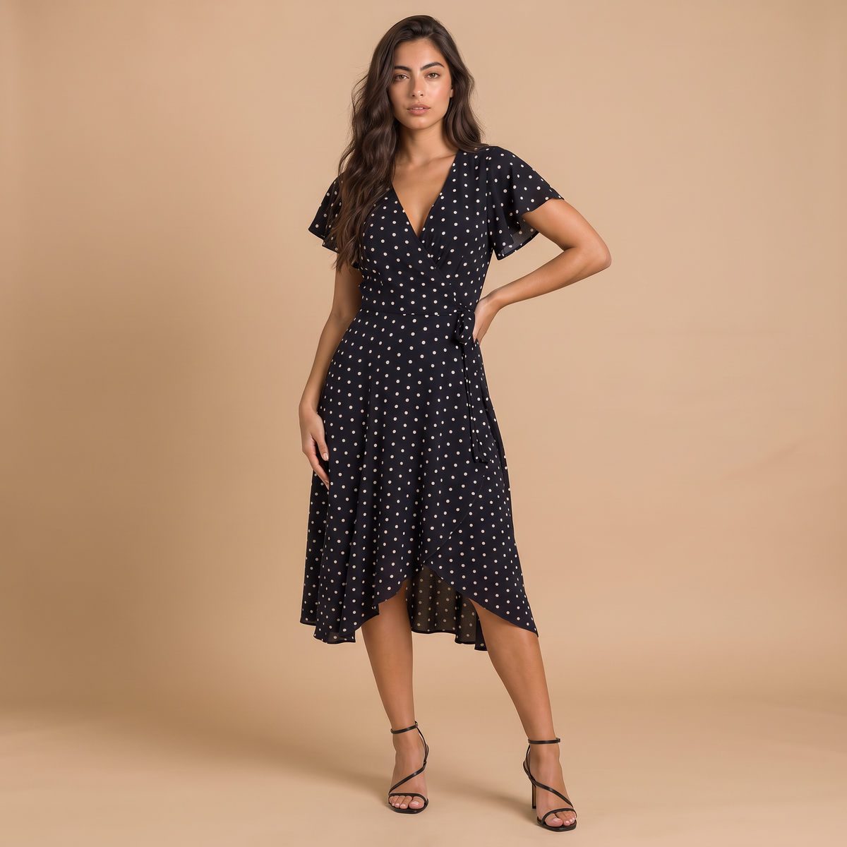 Women's Polka Dot Wrap V-Neck Midi Dress