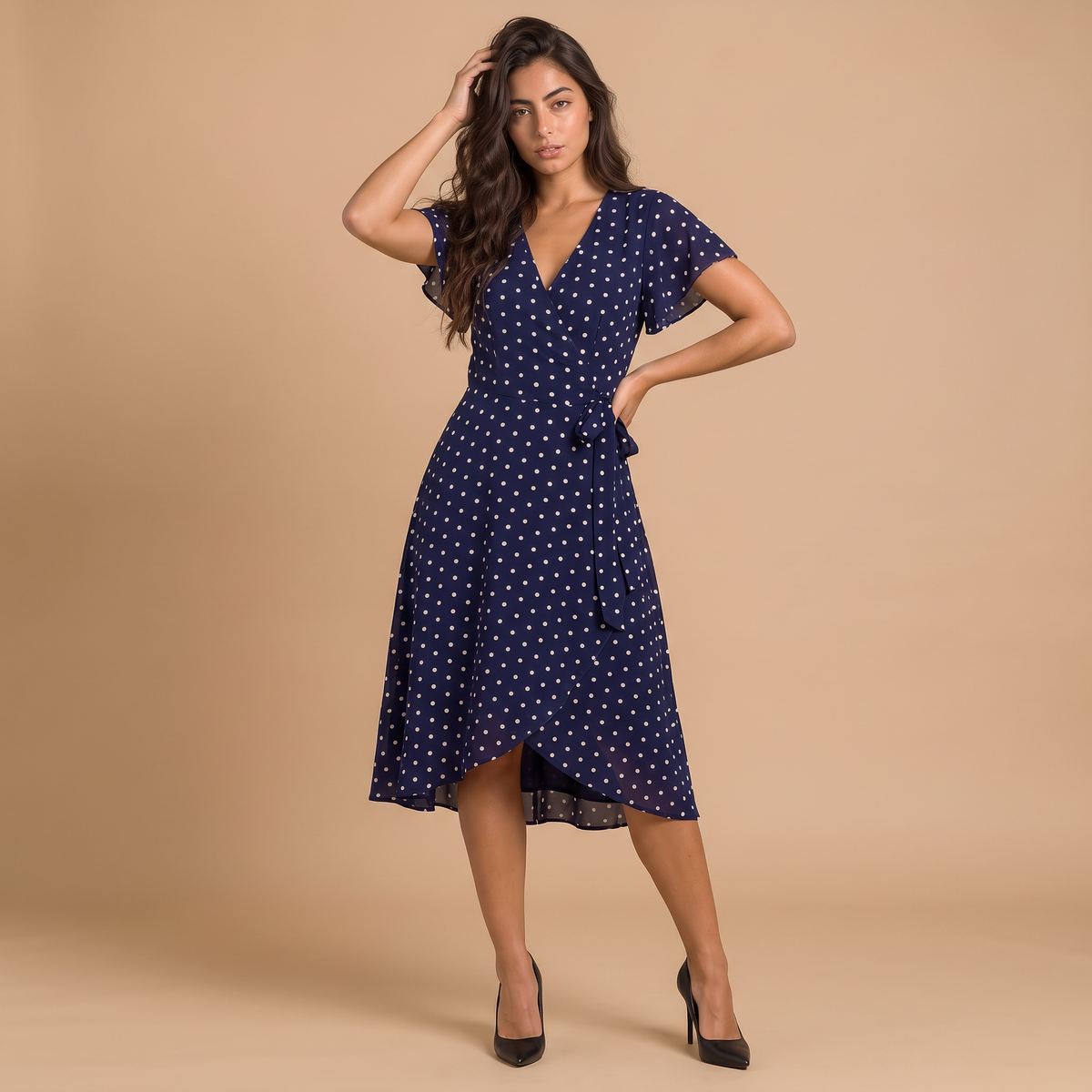 Women's Polka Dot Wrap V-Neck Midi Dress